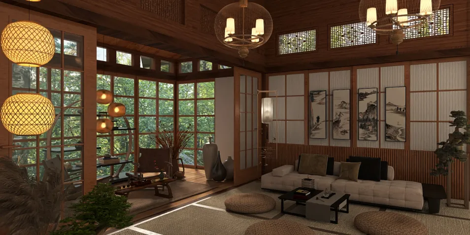 Elegant wooden living room featuring cozy furniture arrangement with a modern Asian style, showcasing the use of Homestyler's real-time 3D rendering for detailed interior design visualization.