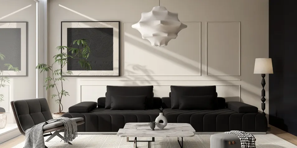 modern living room featuring a black sectional sofa and stylish decor with a minimalist design aesthetic, showcasing interior design trends using Homestyler's real-time 3D rendering feature