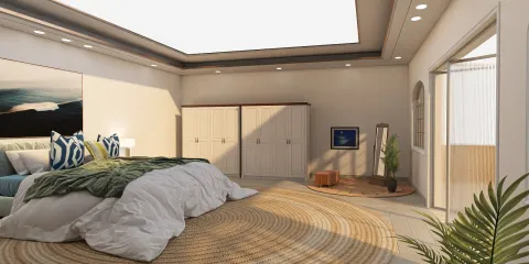 cozy bedroom with large bed and warm textiles featuring a minimalist design showcasing a 3D rendering in Homestyler for interior decor ideas.