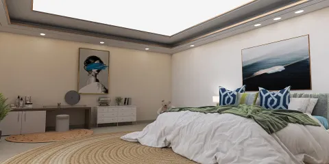 Modern bedroom with a large bed, featuring a decorative blue and green throw, and artworks on the wall, designed with a cozy atmosphere and immersive 3D rendering from Homestyler.