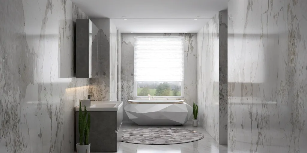 a bathroom with a white bed and a white wall 