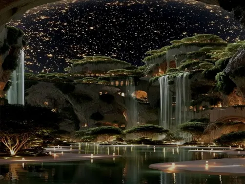 A serene landscape featuring a tranquil water body with cascading waterfalls, illuminated by a starry night sky, showcasing an ethereal and natural style, emphasizing the beauty of outdoor space design; including the core functionality of real-time 3D rendering for an immersive preview.