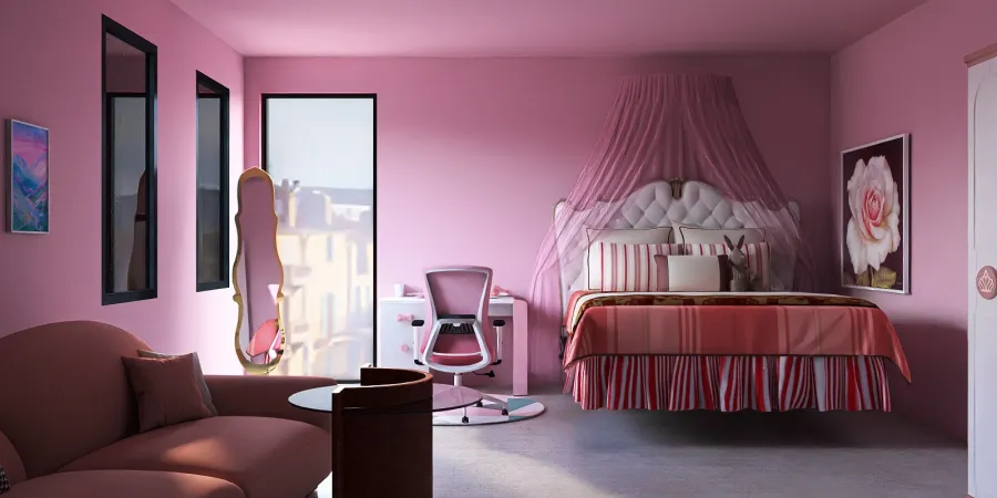 a bedroom with a red bed and a pink chair 