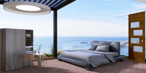 Camera da letto. città con cucine e una porta 