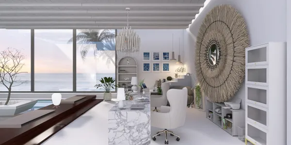 Modern home office space featuring a stylish desk setup with marble accents, designed using Homestyler for interior decor visualization, embracing a coastal aesthetic.