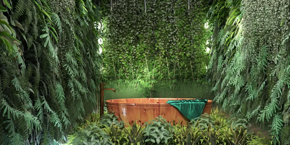 wooden bathtub surrounded by lush greenery in a tropical bathroom design, featuring a naturalistic theme, showcasing Homestyler's real-time 3D rendering functionality.