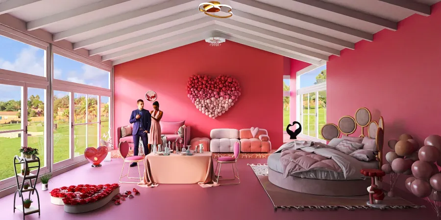 a woman standing in front of a living room with a pink wall 