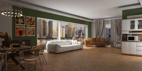 living room interior design featuring modern furniture arrangement with a stylish dining area, showcasing a contemporary aesthetic and maximizing space efficiency, utilizing Homestyler's real-time 3D rendering feature.