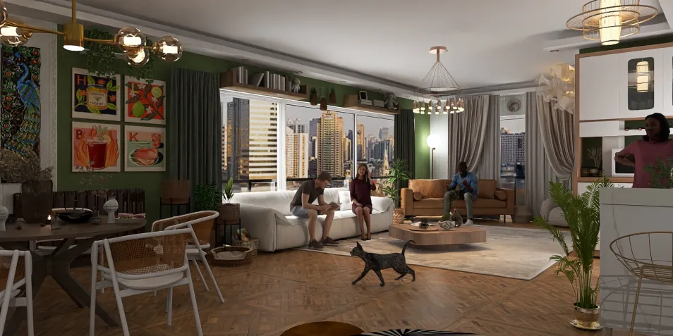 living room with modern furniture arrangement showcasing a cozy layout in a contemporary style, emphasizing space optimization for multifunctional use with Homestyler's real-time 3D rendering feature.