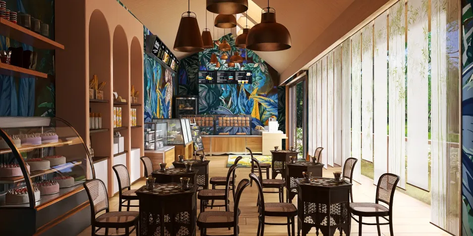 café interior displaying dining tables and chairs in a vibrant setting with artistic mural background, showcasing interior design featuring Homestyler's real-time 3D rendering for a cozy atmosphere.