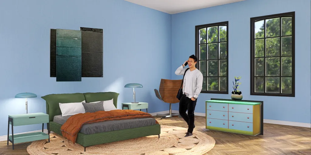 a woman standing in a room with a bed and a desk 