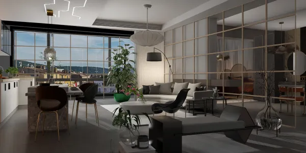 Modern living room design featuring open space layout with stylish furniture arrangement and natural light, showcasing interior decor using Homestyler's real-time 3D rendering.