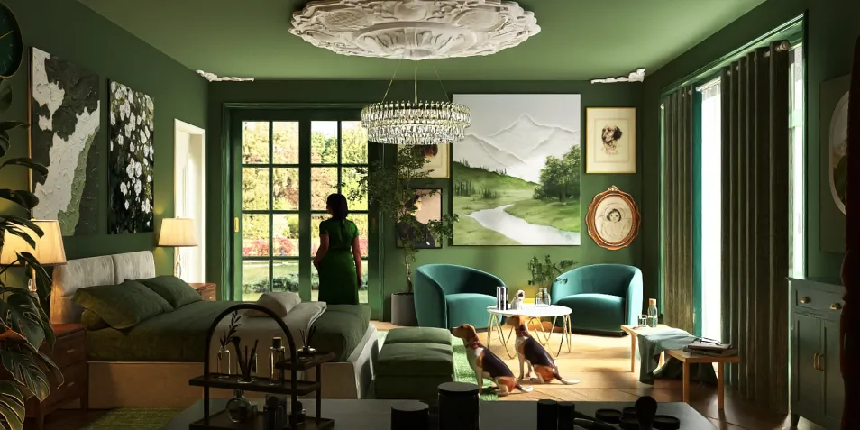 modern bedroom design with a woman observing outdoors in a green themed space featuring elegant furniture and artwork, showcasing interior decor ideas and using Homestyler's real-time 3D rendering feature.