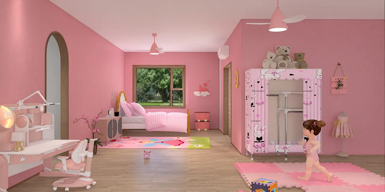 a small child is in a pink room 