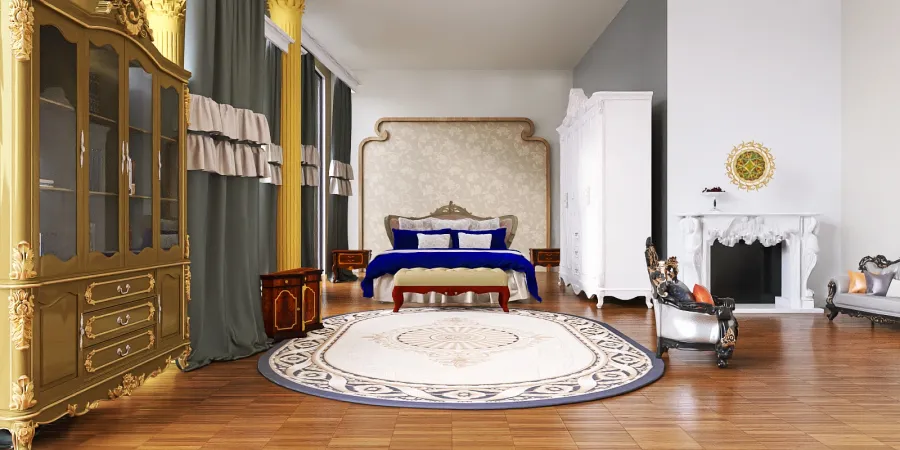 a living room with a large white rug and a table 