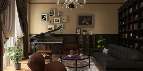 Elegant living room featuring a grand piano, showcasing a classic design style with rich colors and textures, emphasizing the space's luxurious value while utilizing Homestyler's real-time 3D rendering for design preview.