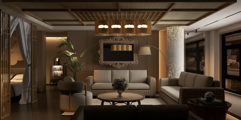 modern living room design featuring a cozy seating arrangement with soft lighting and natural elements, showcasing the use of Homestyler's real-time 3D rendering to visualize interior decor.