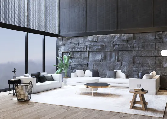 Living Room with Stone Wall Design Rendering