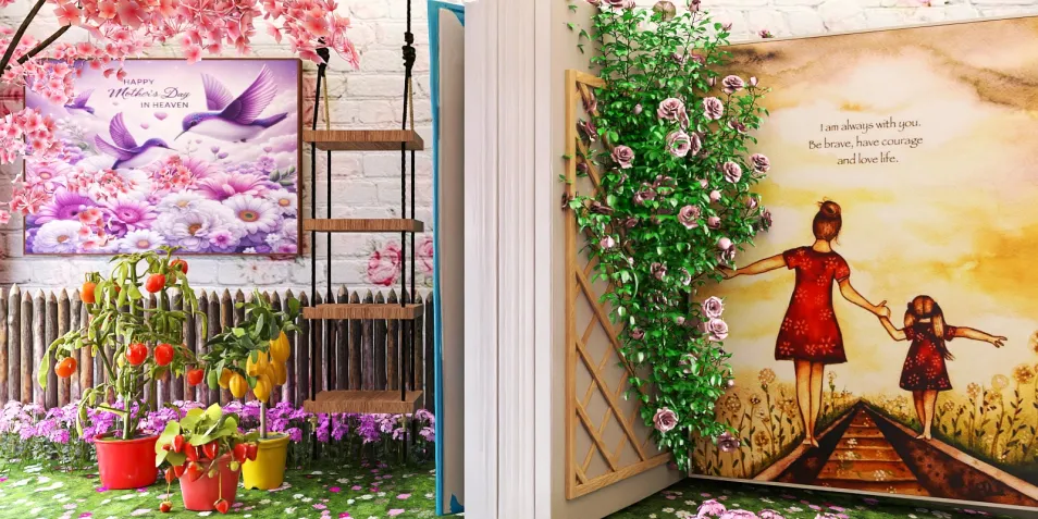colorful floral interior design with vibrant wall art and decorative plants showcasing a nature-inspired theme, perfect for enhancing home decor using Homestyler's real-time 3D rendering feature.