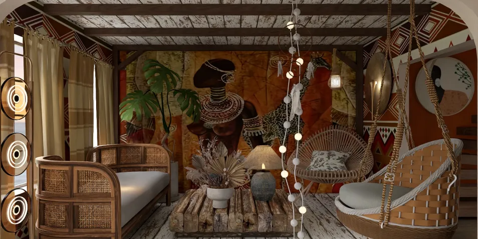 bohemian living room design showcasing a cozy seating arrangement with natural materials, featuring AR virtual furniture placement for accurate styling.