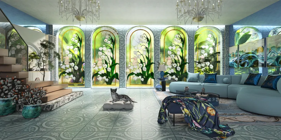 spacious living room featuring vibrant floral artwork in large windows, showcasing soft blue seating arrangement, and a cozy atmosphere enhancing interior decor; includes Homestyler's real-time 3D rendering for accurate design preview.