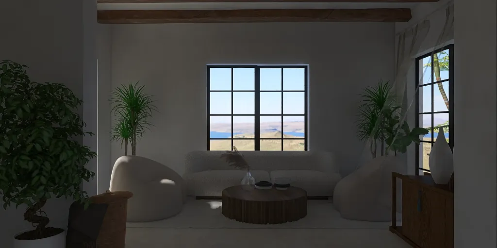 a living room with a couch, table and a window 