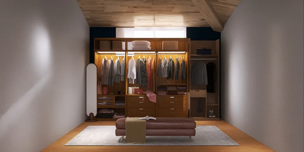 a room with a couch, chair, and a closet 