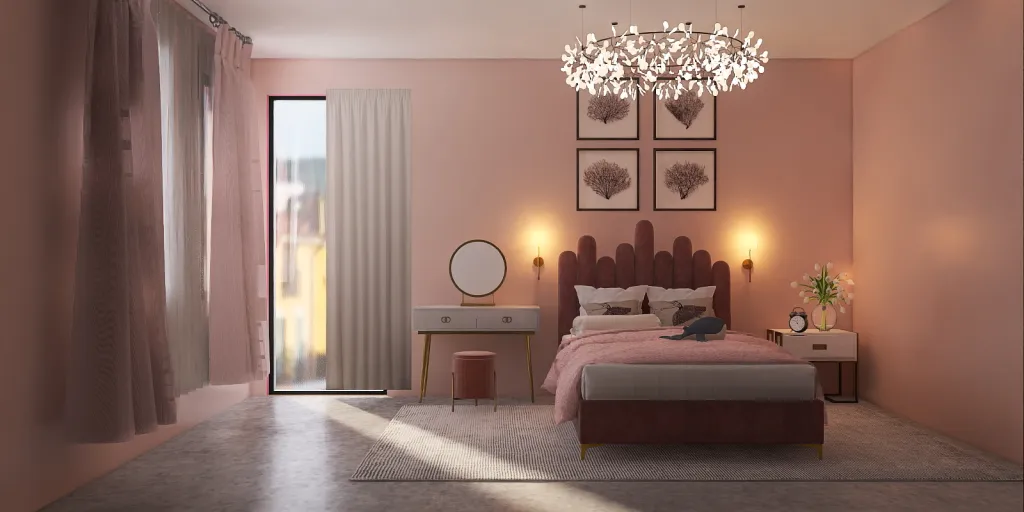 a bedroom with a bed, a mirror, and a lamp 