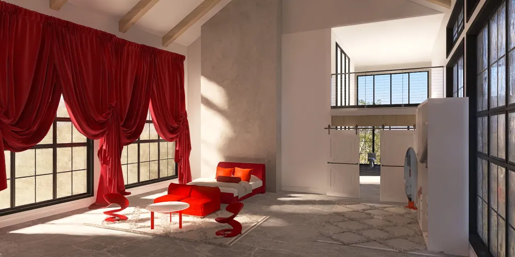 a red couch sitting in front of a window 
