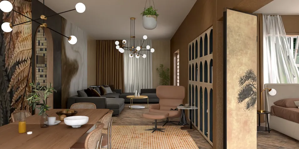 modern living room interior design featuring an open layout with a cozy sofa arrangement and stylish light fixtures, utilizing Homestyler's real-time 3D rendering for design proposal visualization.
