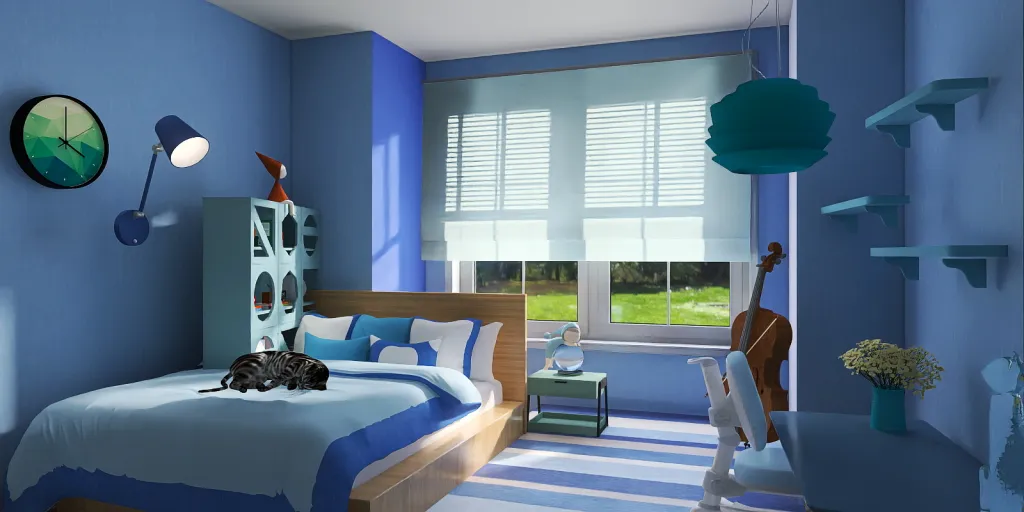 a bedroom with a blue and white bed and a blue and white wall 