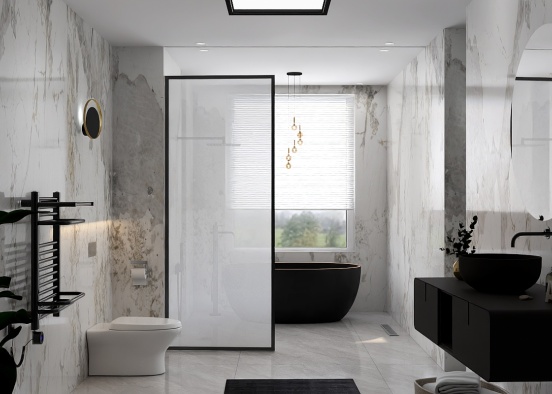 Modern Marble Bathroom with Classic Black Décor Design Rendering