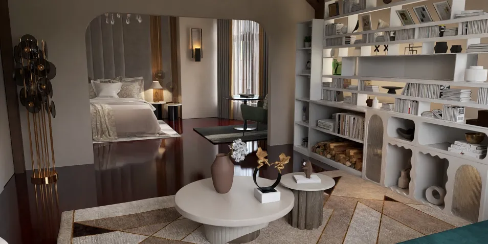 modern living room with stylish furniture arrangement showcasing a cozy bedroom area, featuring intricate decor and a contemporary aesthetic, optimized for small space living using Homestyler's smart furniture placement function.