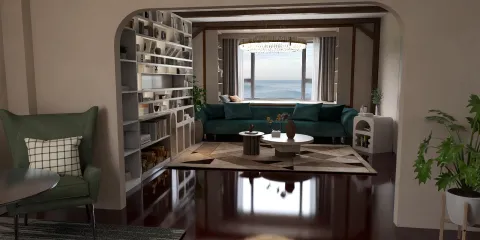Modern living room design featuring a cozy green sofa and elegant shelving unit, utilizing Homestyler's real-time 3D rendering for visual effect previews.