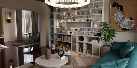 modern living room with a turquoise sofa and decorative shelving unit featuring books and art, enhanced by real-time 3D rendering to visualize interior decor styles, incorporating Homestyler's core functionality for realistic design previews.