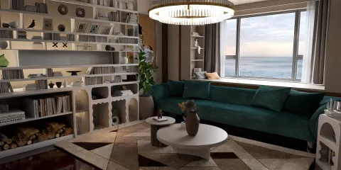 living room with a teal velvet sofa and modern shelving unit, showcasing a cozy and elegant design style, highlighting interior decor elements using Homestyler's real-time 3D rendering feature.