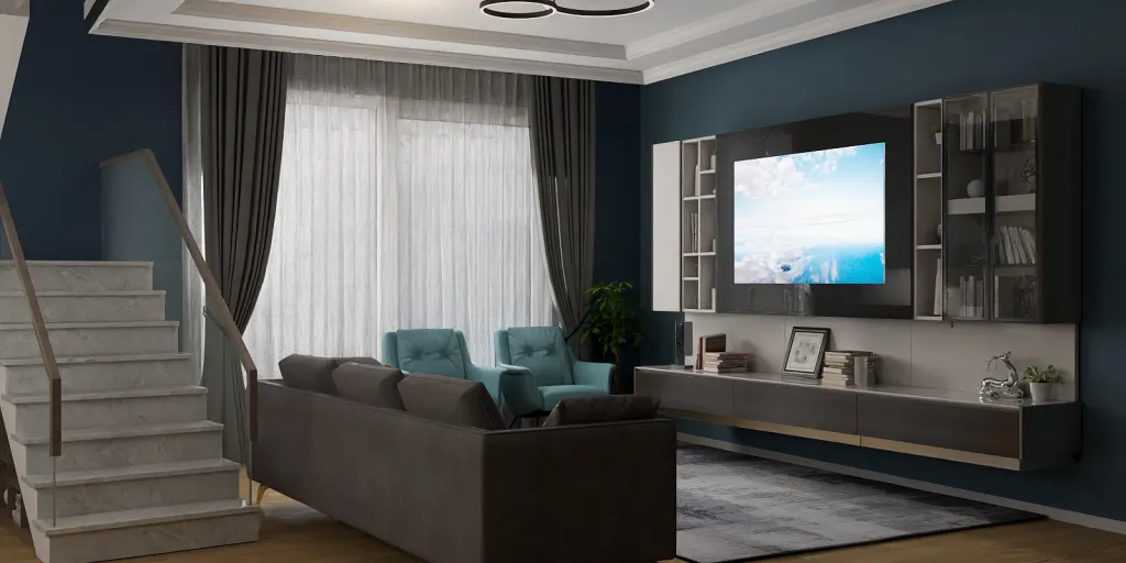 a living room with a couch, chair, and a tv 