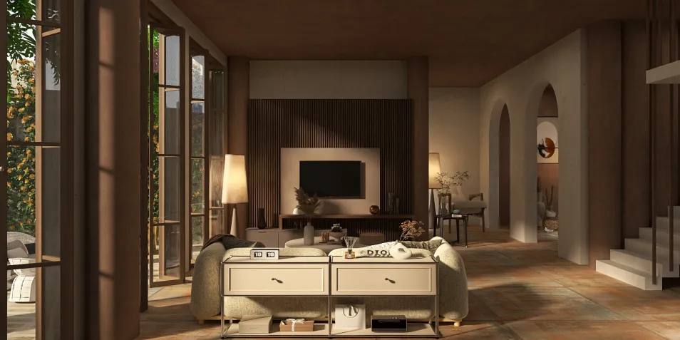 cozy living room with elegant furniture arrangement in rustic style showcasing space optimization features with Homestyler's real-time 3D rendering capability.