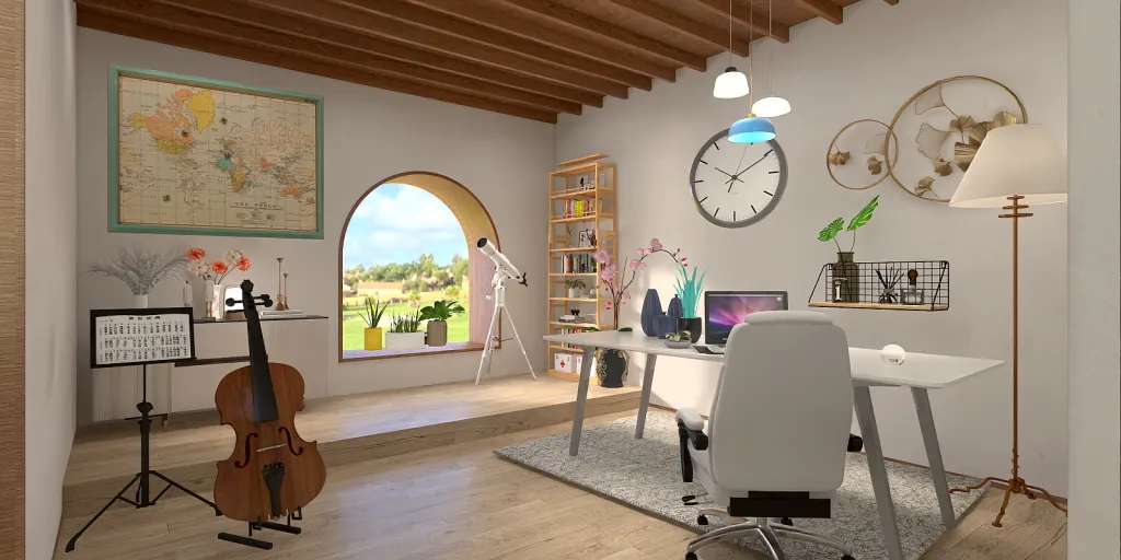 a room with a piano and a clock on the wall 