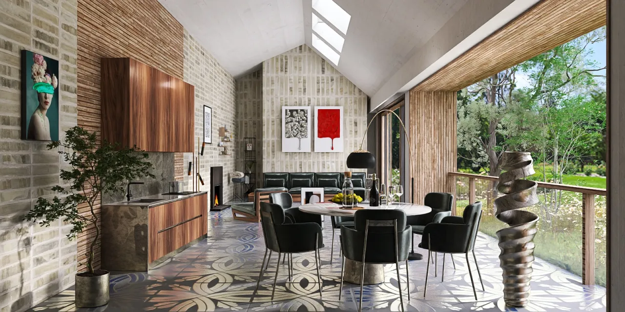 a kitchen with a table and chairs and a large window 