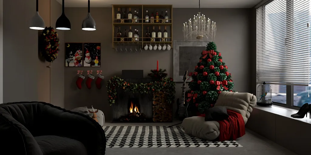 a living room with a christmas tree and a fire place 