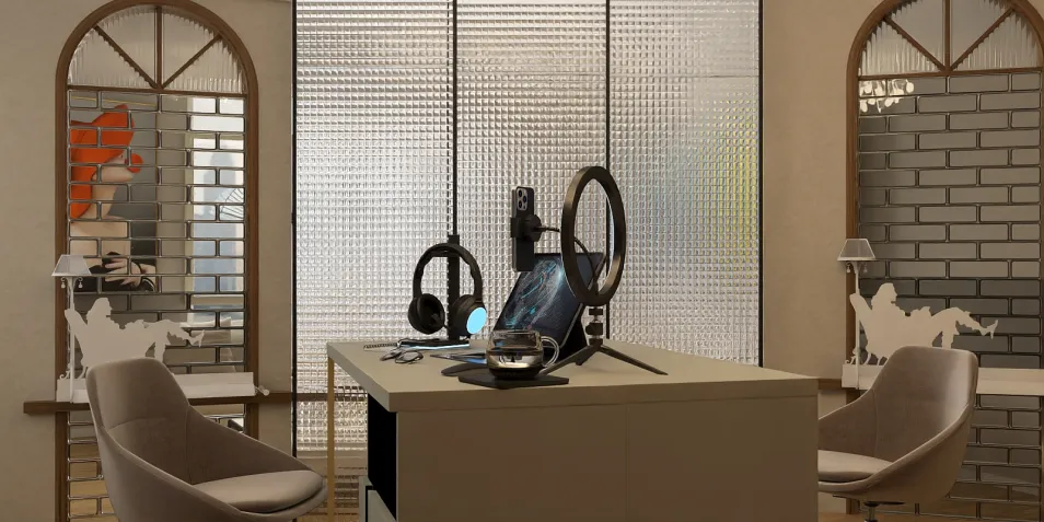 modern gaming room with stylish desk layout featuring ergonomic chairs and gaming accessories, showcasing a contemporary interior design using Homestyler's real-time 3D rendering feature for client presentations.