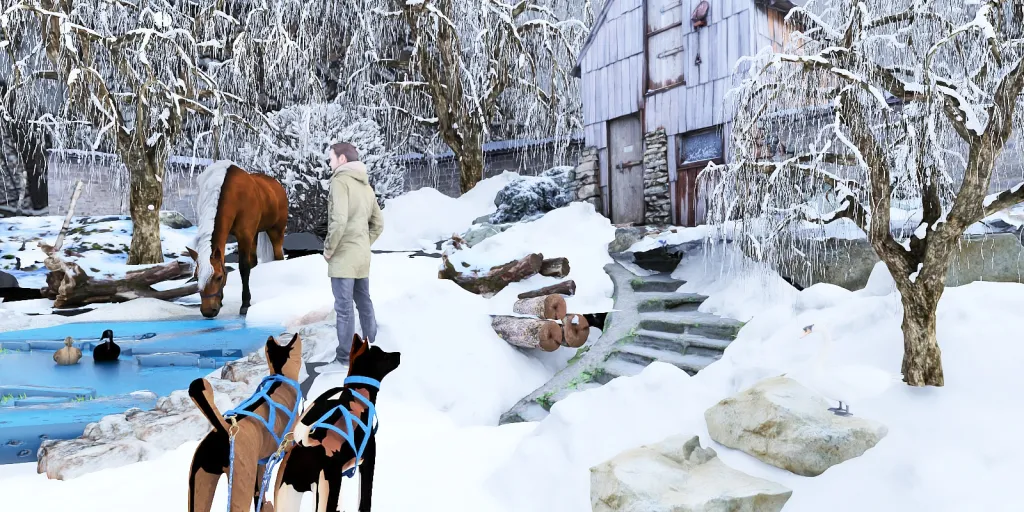 a dog and a horse are walking in the snow 