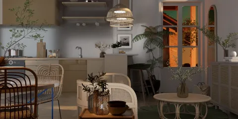 a cozy kitchen with modern furnishings showcasing a warm ambiance, featuring realistic 3D rendering for interior design visualization using Homestyler's advanced rendering capabilities