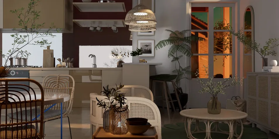 cozy dining area featuring elegant rattan furniture and greenery accents, designed in a modern minimalist style, showcasing the interior decor capabilities of Homestyler with real-time 3D rendering for accurate visualization.