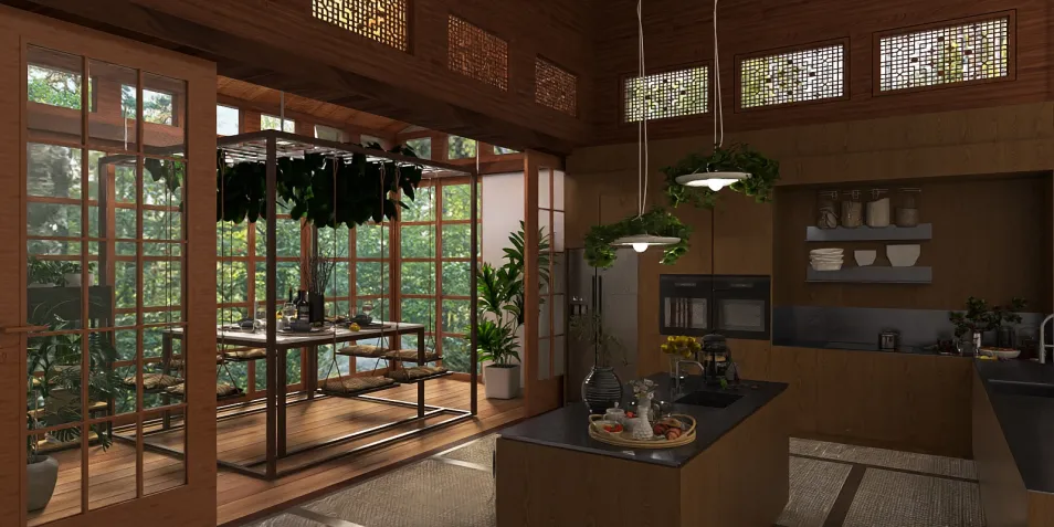 modern kitchen design featuring a wooden island and integrated greenery, showcasing a seamless connection to the dining area with large glass windows, highlighting the use of Homestyler's real-time 3D rendering for an immersive visual experience.