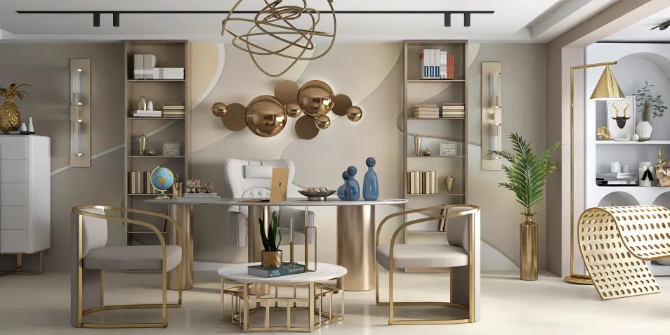 modern home office interior design featuring elegant gold accents and furniture arrangement showcasing smart furniture placement for space optimization using Homestyler's real-time 3D rendering function.