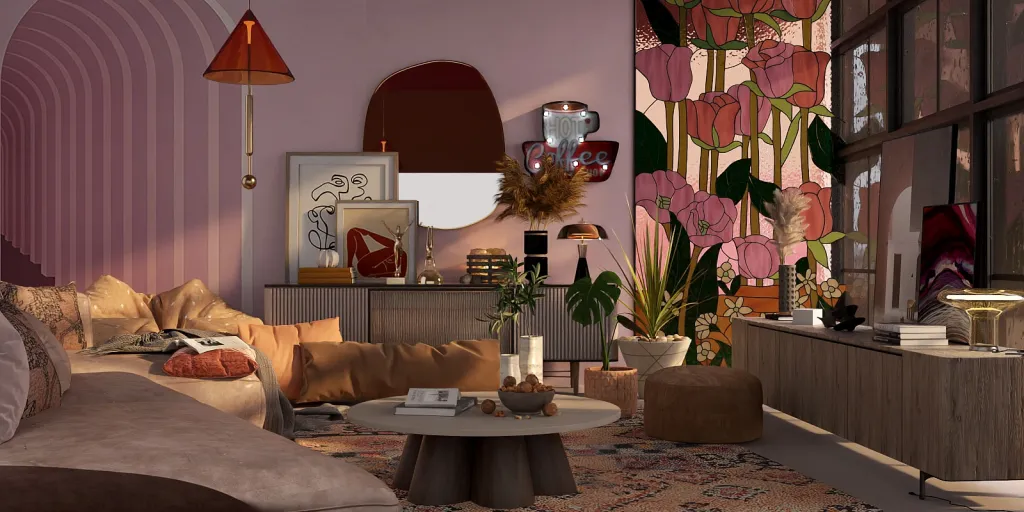 a living room with a couch, table, and a flower arrangement 