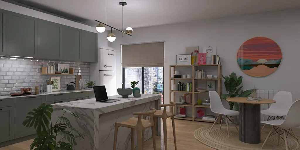 a kitchen with a table and a lamp 