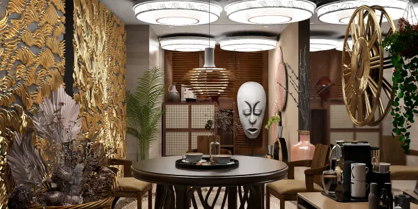 Elegant dining room featuring intricate wall art and unique decor, showcasing an artistic ambiance with a focus on aesthetic appeal, utilizing Homestyler's real-time 3D rendering for immersive interior design visualization.